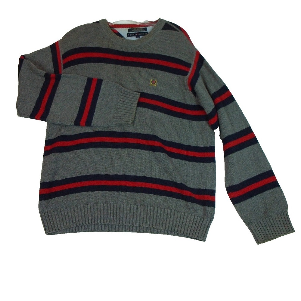 Tommy Hilfiger Mens Gray Striped Cotton Crewneck Sweater Large Red Navy Crest